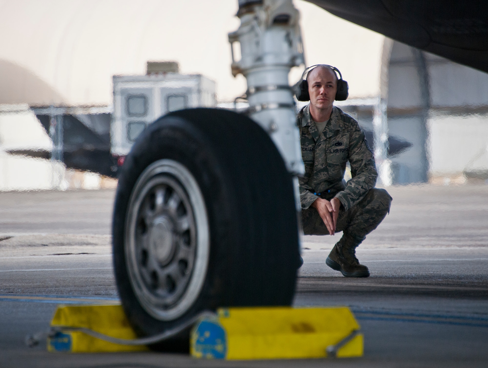 Tech. Sgt. James McCallen, 33rd Maintenance Squadron, monitors an F-35A Lightning II’s preflight checks at Eglin Air Force Base, Fla.  The 33rd Maintenance Group is responsible for the maintenance of the Air Force’s joint strike fighter fleet on base.  (U.S. Air Force photo/Samuel King Jr.)