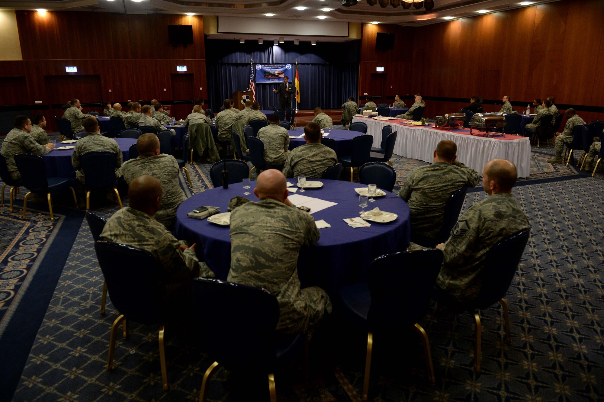 Spangdahlem Airmen participate in the Air Force Sergeants Association Chapter 1681 general meeting in the Landscheid Room at Club Eifel on Spangdahlem Air Base, Germany, Nov. 13, 2014. Members of AFSA Chapter 1681 hosted the meeting to welcome AFSA CEO Robert Frank. (U.S. Air Force photo by Airman 1st Class Timothy Kim/Released)