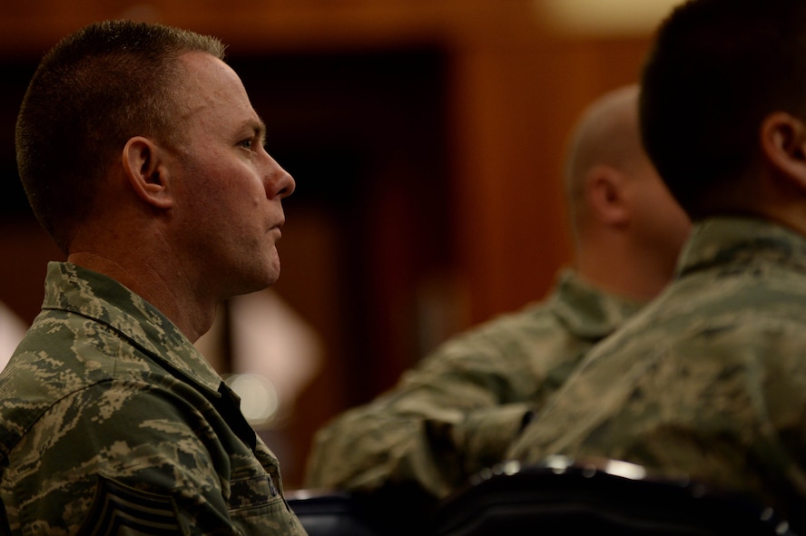 U.S. Air Force Chief Master Sgt. Brian Gates, 52nd Fighter Wing command chief and native of Dunsmuir, Calif., attends the Air Force Sergeant Association Chapter 1681 general meeting in the Landscheid Room at Club Eifel on Spangdahlem Air Base, Germany, Nov. 13, 2014. Members and non-members of AFSA Chapter 1681 socialized with Gates and Robert Frank, AFSA CEO, before the meeting. (U.S. Air Force photo by Airman 1st Class Timothy Kim/Released)