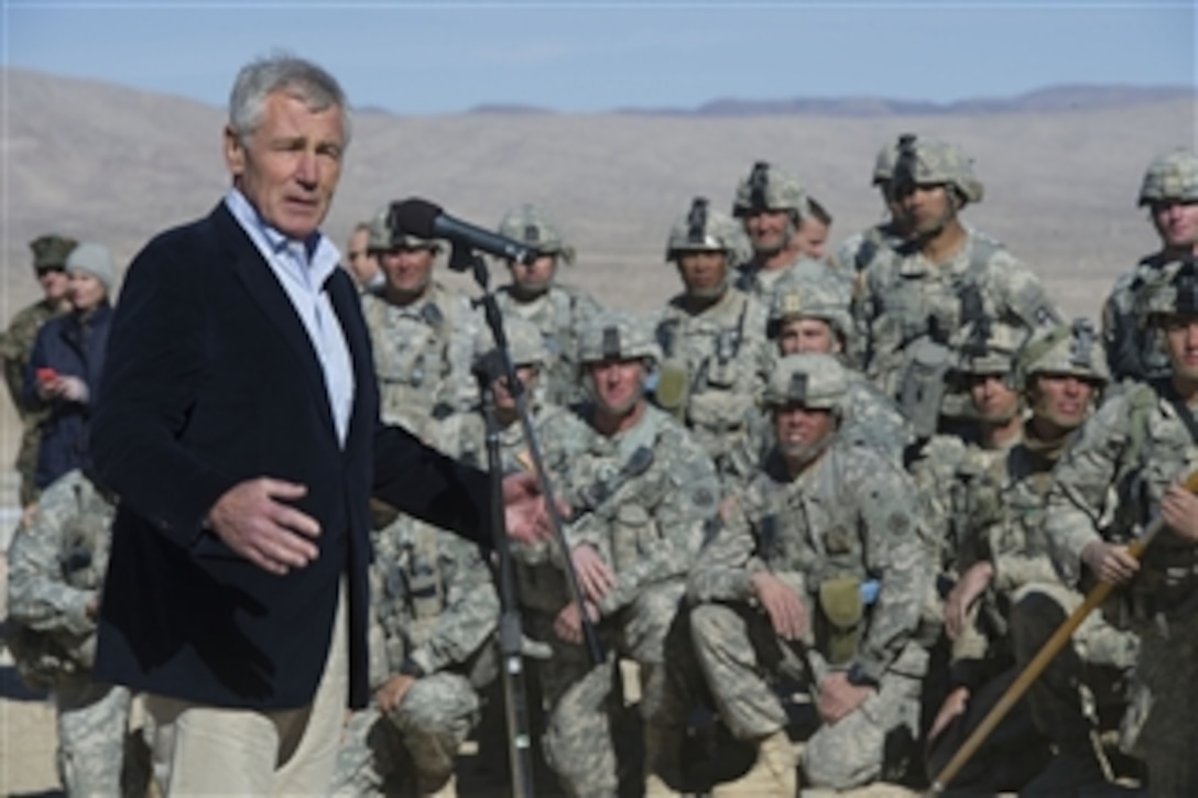 Defense Secretary Chuck Hagel addresses soldiers at the National Training Center on Fort Irwin, Calif., Nov. 16, 2014. Hagel is on a trip visiting troops throughout the United States.