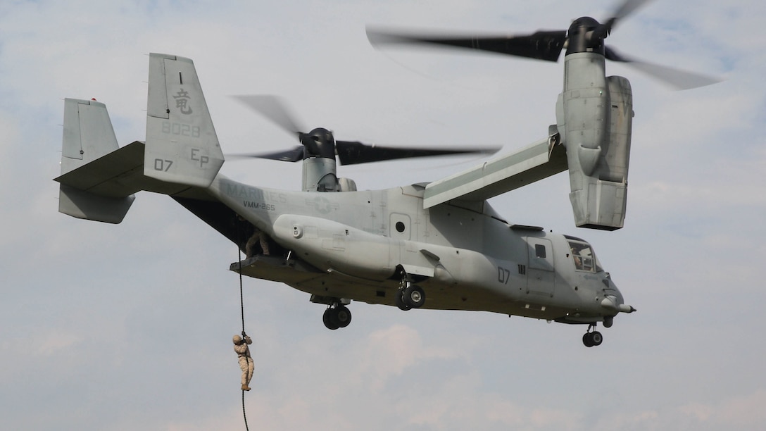 Marines with 3rd Law Enforcement Battalion fast-rope out of an MV-22B Osprey tiltrotor aircraft Oct. 27 at Camp Hansen. After familiarizing themselves with fast-roping techniques by executing them with no gear, the Marines worked their way up to wearing full gear and then with their military working dogs as well. The battalion plans on using these insertion techniques for a training exercise coming up next month. The Marines are with 3rd LE Bn, III Marine Expeditionary Force Headquarters Group, III MEF. 