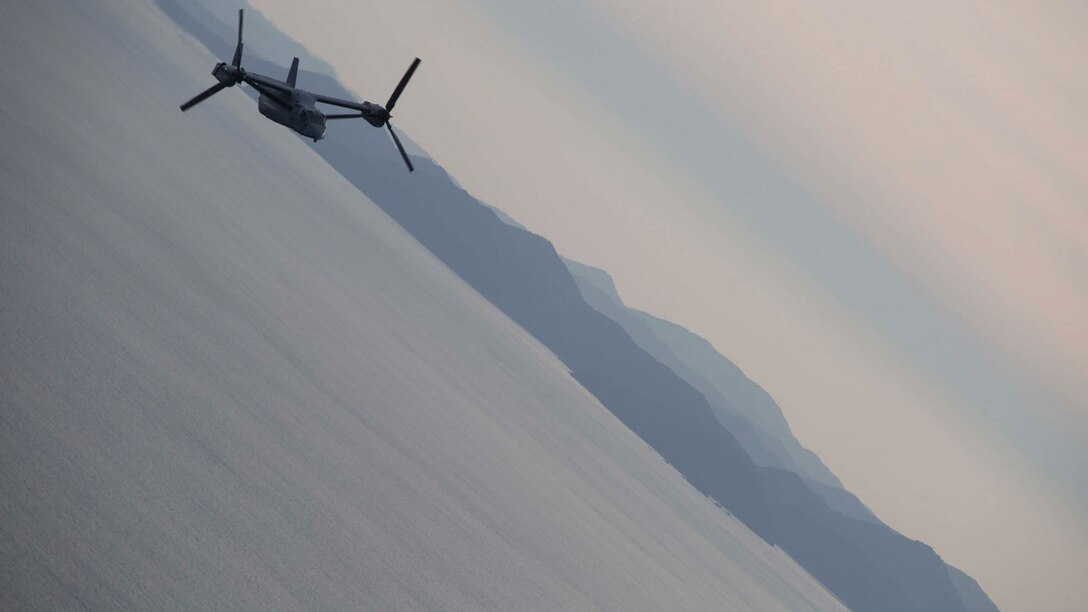 An MV-22B Osprey tiltrotor aircraft flies to a casualty evacuation drill Nov. 8 during Tomodachi relief exercise 15.2 near Izu Oshima Island, Tokyo Metropolis Prefecture, Japan. TREX 15.2 is an annual, bilateral training exercise that simulates humanitarian assistance and disaster relief missions in the Asia-Pacific region while forging a stronger U.S. and Japanese alliance. The exercise also included an HADR training mission, an in-flight demonstration for the Japanese Minister of Defense and additional Japanese politicians, and a static display and press conference for the Japanese media. 