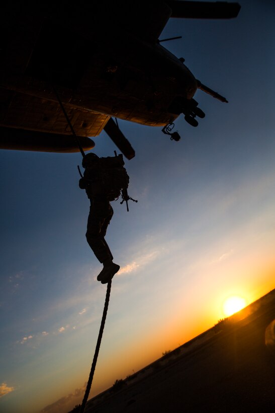 A Marine Infantry Officer Course (IOC) student descends from a CH-53E Super Stallion helicopter during a fast rope drill on the Marine Corps Air Station Yuma, Ariz., Auxiliary Landing Field 2, Wednesday, August 18, 2014. The fast rope training instilled in these Marines the skills necessary to complete IOC’s final exercise, Talon Reach IV.