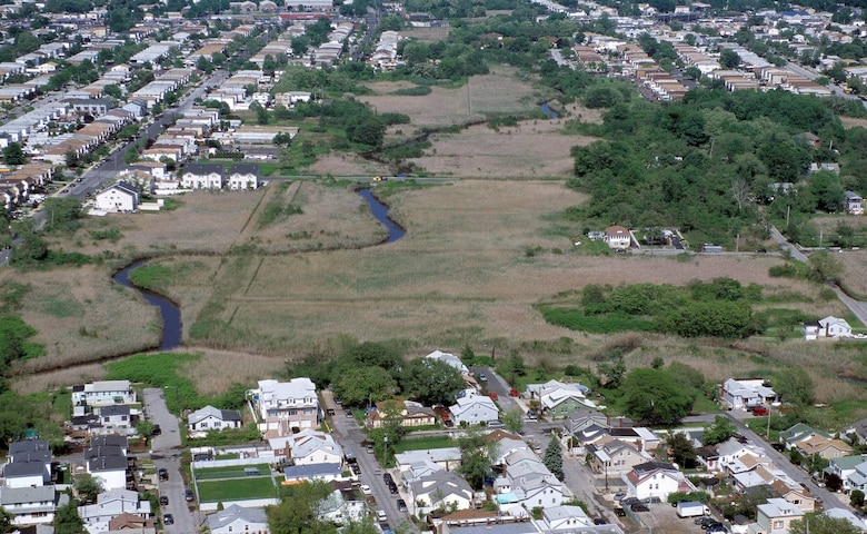 Aerial of New Creek Bluebelt. New Creek meanders through the Midland Beach neighborhood on Staten Island. 