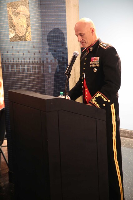 Maj. Gen. Paul W. Brier, commanding general of 4th Marine Division, addresses the audience during a Marine Corps birthday ball celebration with 3rd Battalion, 14th Marine Regiment, 4th Marine Division at Adventure Aquarium in Camden, New Jersey, Nov. 15, 2014. Brier spoke on the lineage of the Marine Corps, and 3rd Bn., 14th Marines and the role the battalion has played in the conflicts and wars of its nation. (U.S. Marine Corps Photo by Cpl. J. Gage Karwick/Released)