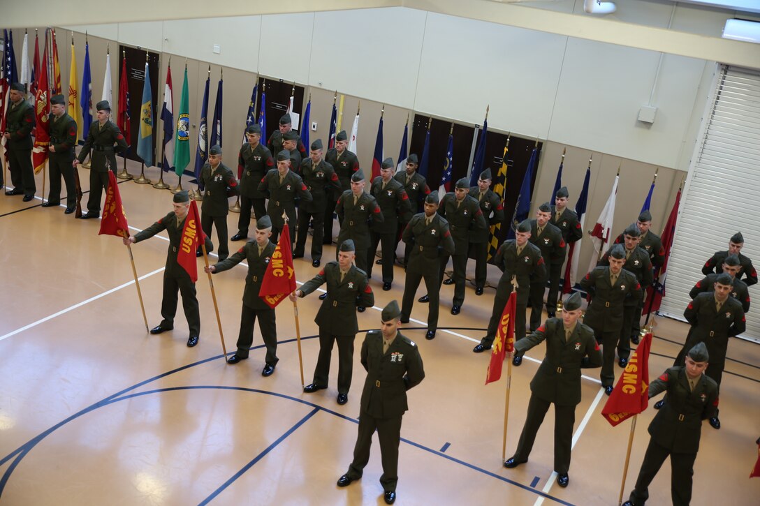 The Marines of 6th Engineer Support Battalion stand in formation during the battalion’s battle color rededication ceremony in Portland, Ore., Nov. 15, 2014.The battalion celebrated the 70th anniversary of its formation with a rededication ceremony and paid homage to the battalion’s first adjutant, retired Col. James “Rip” Harper. Harper served as the unit’s first adjutant as a first lieutenant in 1944, when the unit was formed in Guadalcanal during World War II. (U.S. Marine Corps photo by Cpl. Tiffany Edwards)