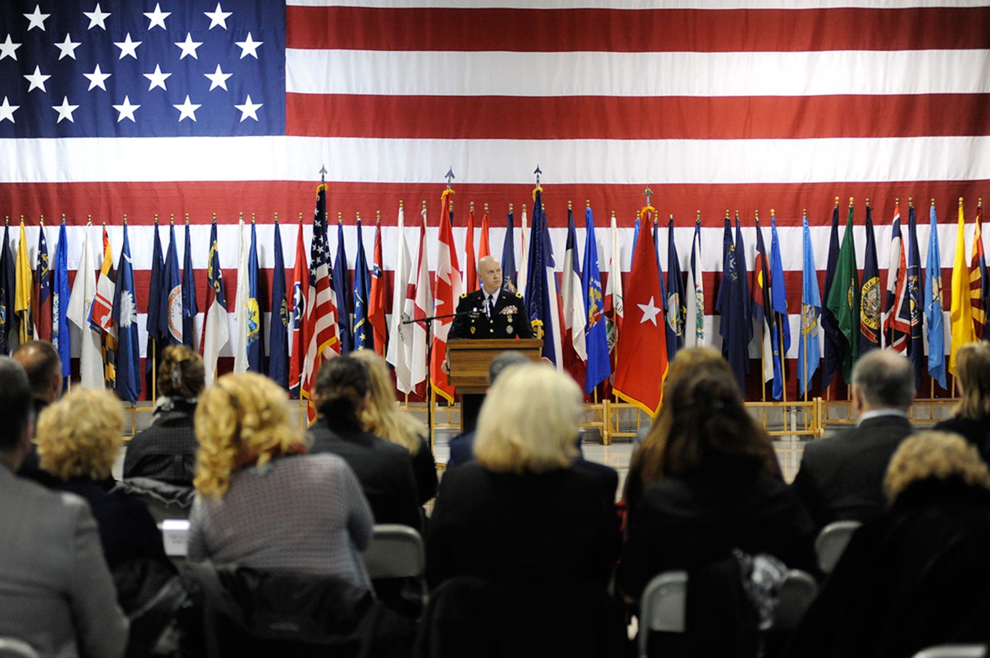 Alaska Army National Guard Brig. Gen. Mike Bridges speaks during a Veterans Day ceremony at the Alaska Army National Guard armory on Joint Base Elmendorf-Richardson, Alaska, Nov. 11. Bridges is the acting adjutant general and commissioner of the Alaska Department of Military and Veterans Affairs. (U.S. Air Force photo/Staff Sgt. Robert Barnett)