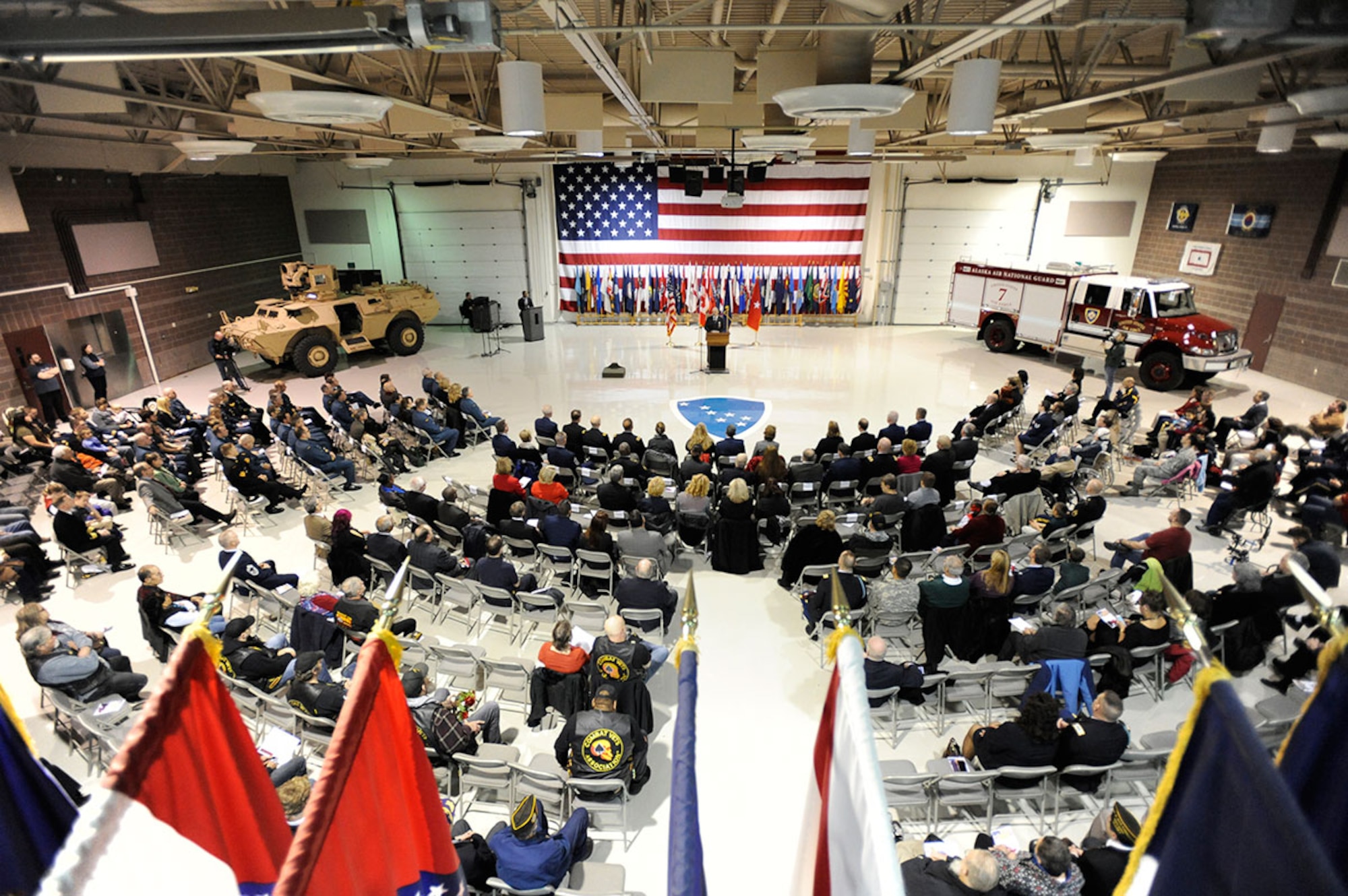 Hundreds of service members, family and supporters attended a Veterans Day ceremony at the Alaska Army National Guard armory on Joint Base Elmendorf-Richardson, Alaska, Nov. Bowen, the state of Alaska Veterans Affairs director, gave the keynote address asking the community to learn veteran’s stories. (U.S. Air Force photo/Staff Sgt. Robert Barnett)