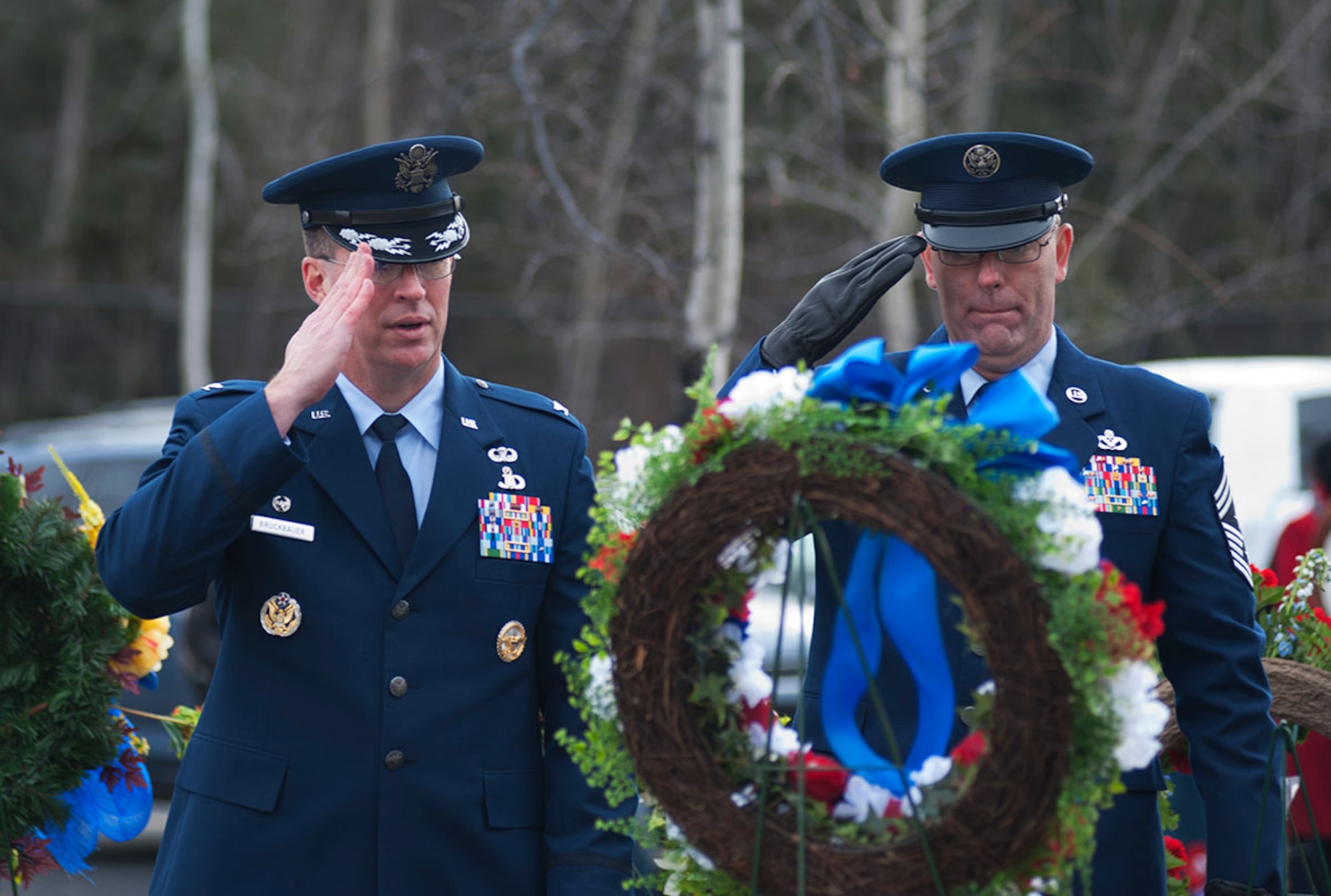 Col. Brian Bruckbauer and Chief Master Sgt. Gary Berry salute a wreath they put on display honoring Canadian veterans during a Remembrance Day ceremony hosted by the Royal Canadian Air Force in the Fort Richardson National Cemetery at Joint Base Elmendorf-Richardson, Alaska, Nov. 11. Bruckbauer is the commander of the 673d Air Base Wing and JBER. Berry is the command chief of the 673d ABW and JBER. (U.S. Air Force photo/Staff Sgt. Robert Barnett)