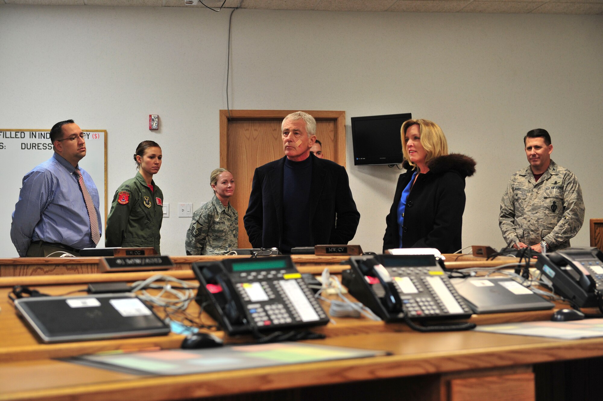 Secretary of the Air Force, Deborah Lee James, and Secretary of Defense, Chuck Hagel receive a brief at the Missile Response Cell on Minot Air Force Base, N.D., Nov. 14, 2014. Secretary James is accompanying Secretary Hagel as he addresses Minot Airmen following his recent release of a nuclear enterprise review. (U.S. Air Force photos/Senior Airman Malia Jenkins)