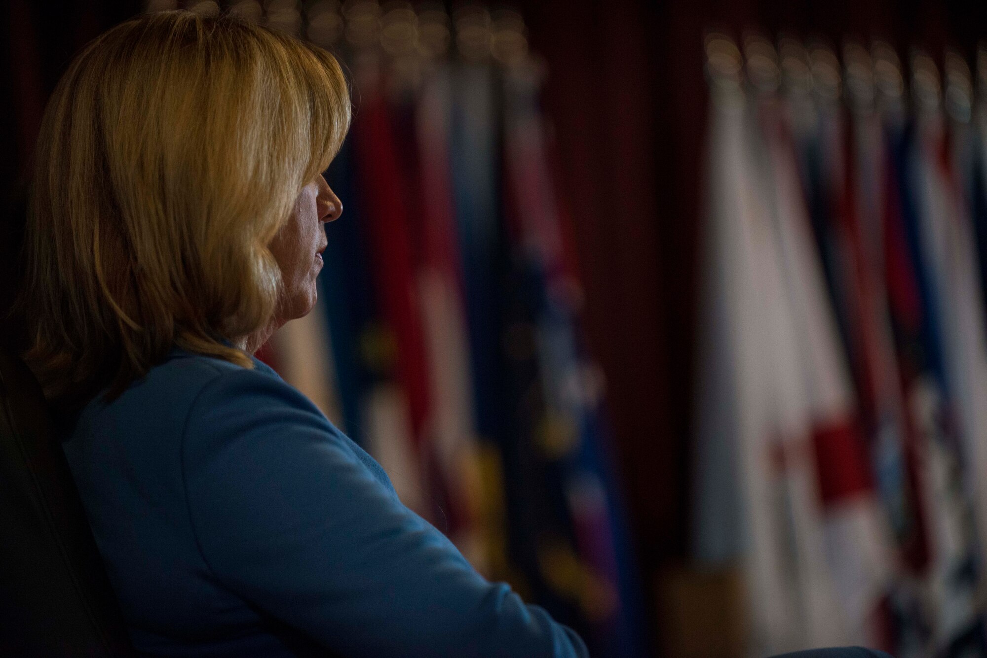Secretary of the Air Force Deborah Lee James listens as Secretary of Defense Chuck Hagel speaks during an all-call at Minot Air Force Base, N.D., Nov. 14, 2014. The Secretary of Defense spoke to Minot Airman about the results of a nuclear review ordered earlier this year. (U.S. Air Force photo/Airman 1st Class Lauren Pitts)  