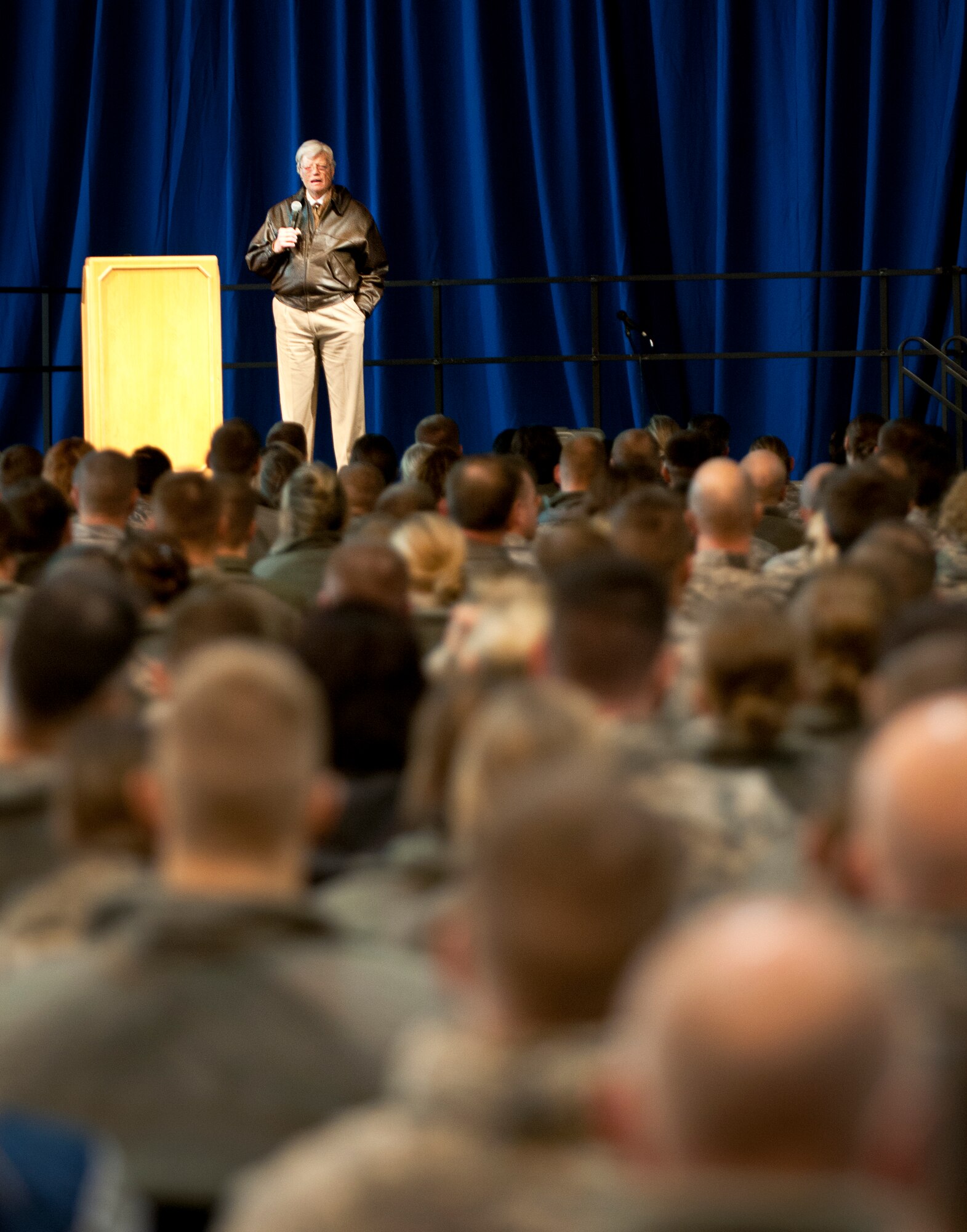 Mr. Dave Roever, a Navy Vietnam Veteran, shares his story of resilience with Airmen from the 133 Airlift in St. Paul, Minn., Dec. 15, 2014. Roever suffered severe injuries that left him unrecognizable after a phosphorous grenade exploded near his face. (U.S. Air National Guard photo by Staff Sgt. Austen Adriaens/Released)
