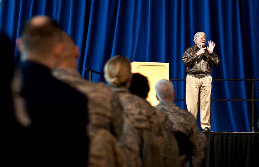 Mr. Dave Roever, a Navy Vietnam Veteran, shares his story of resilience with Airmen from the 133 Airlift in St. Paul, Minn., Dec. 15, 2014. Roever suffered severe injuries that left him unrecognizable after a phosphorous grenade exploded near his face. (U.S. Air National Guard photo by Staff Sgt. Austen Adriaens/Released)