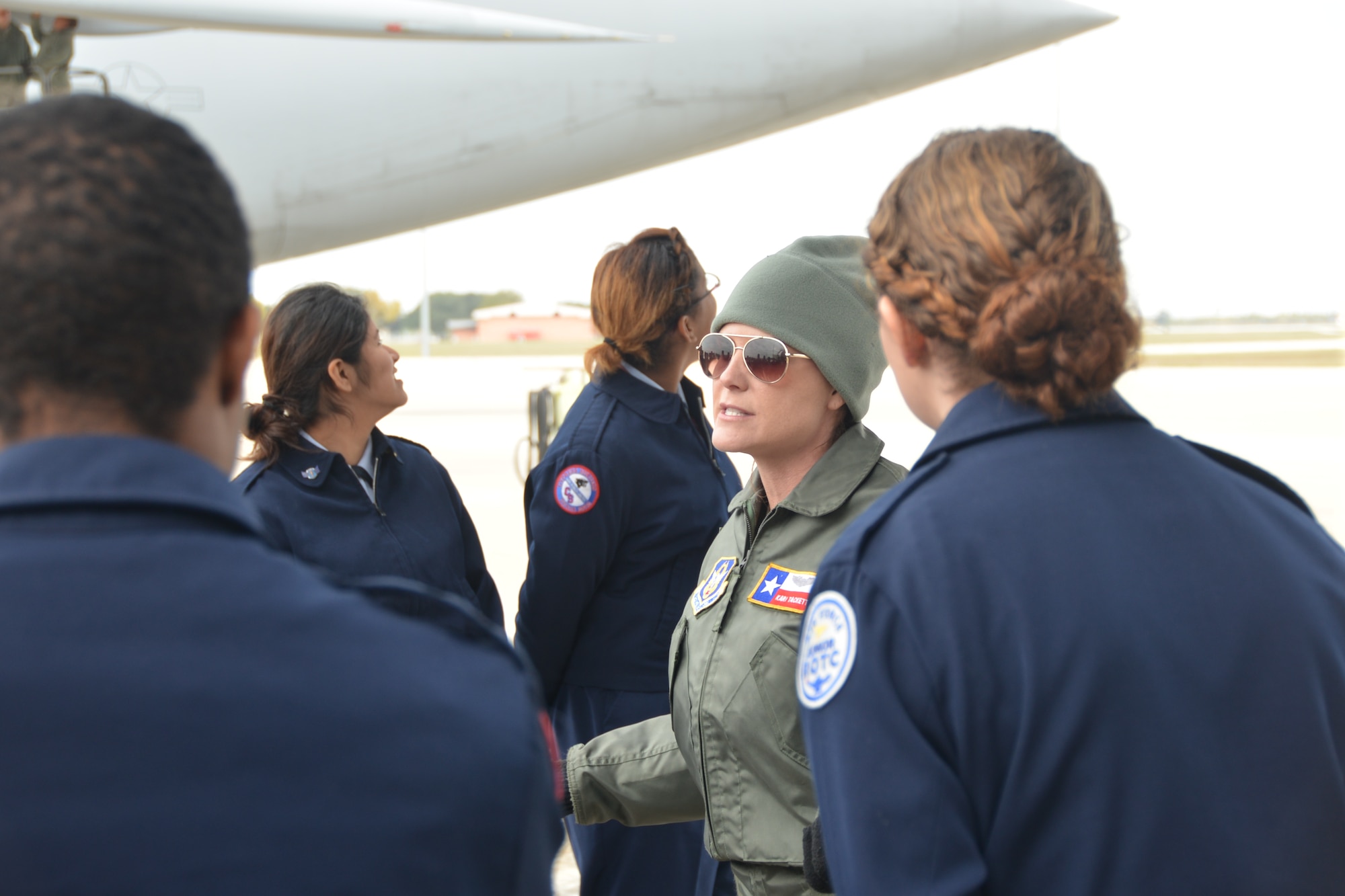 Lt. Col. Kari Tackett, a pilot with the 68th Airlift Squadron, Joint Base San Antonio-Lackland, Texas fields questions from Air Force JROTC students, Nov. 14, 2014 at Joint Base San Antonio- Lackland, Texas. The students from Cypress High School, Cypress Texas, near Houston, were visiting JBSA-Lackland as part of their Community In Action class trip, which promotes community spirit. (U.S. Air Force photo by Minnie Jones)