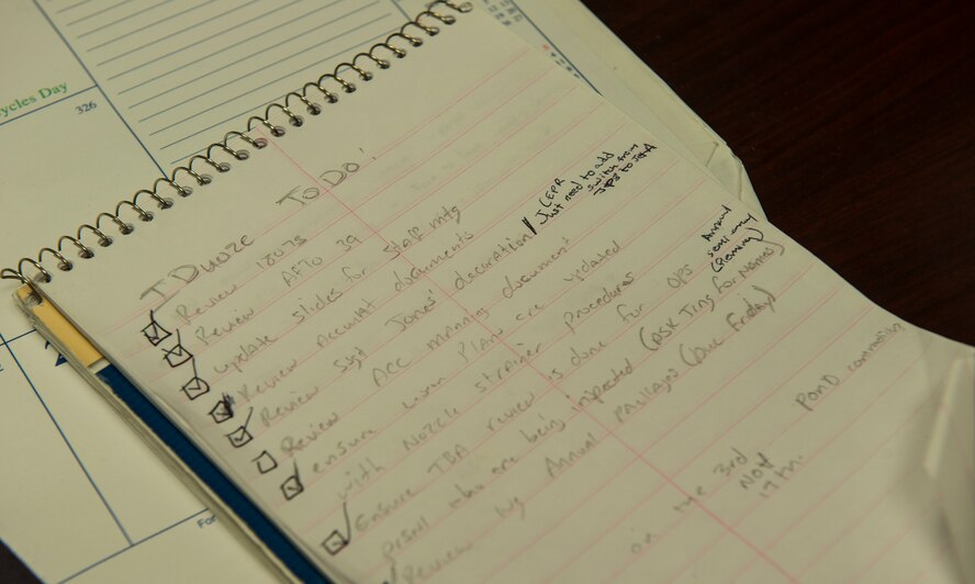 A to-do list rests on a desk during the 23d Logistics Readiness Squadron’s “Walk a Day in Our Shoes” Nov. 13, 2014, at Moody Air Force Base, Ga. The event allowed a senior airman and master sergeant to switch jobs for a day. (U.S. Air Force photo by Airman 1st Class Ceaira Tinsley/Released)