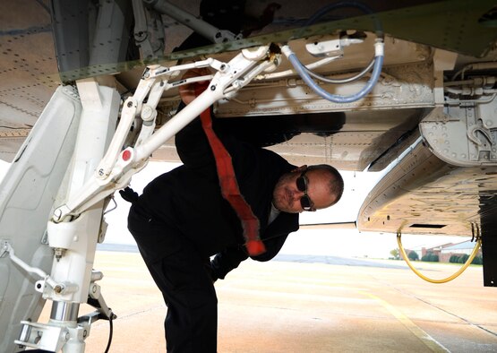 Chris Kezar, 27th Fighter Squadron T-38 Talon maintainer, removes a grounding pin on a T-38 Talon before a training mission at Langley Air Force Base, Va., Nov. 17. The 50-year-old Talons require minimal maintenance compared to the F-22 Raptor and other jets employed by the U.S. Air Force, which makes them a cost-efficient adversary fighter during training. (U.S. Air Force photo by Senior Airman Austin Harvill/Released)