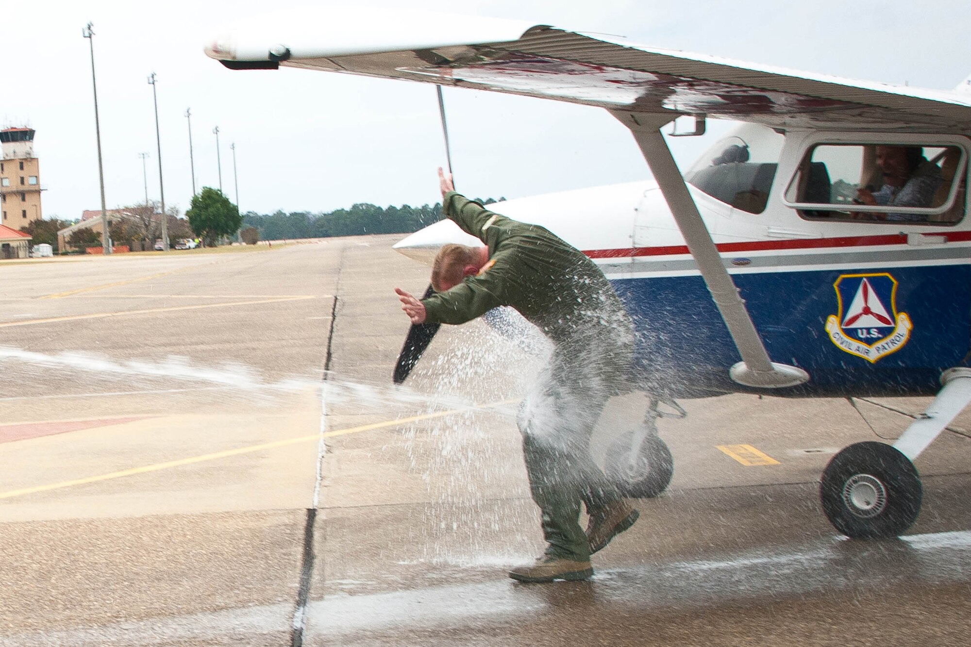 Lt. Gen David Fadok, former commander and president of Air University, celebrates his final flight as an Air Force officer, Nov. 5, 2014, Maxwell Air Force Base, Alabama.   Lt. Gen. Fadok retired Nov. 17, 2014, after 32.5 years of service.  (Air Force photo by Donna Burnett/Released)