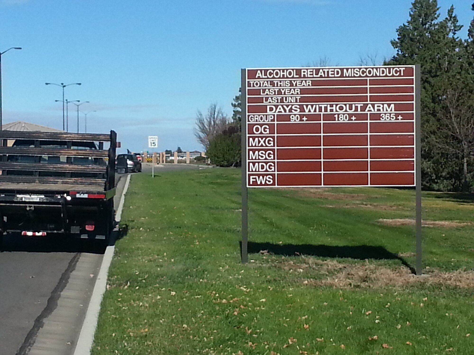 The new Alcohol Related Misconduct board is positioned and set to be revealed Nov. 21, 2014, near the front gate at Mountain Home Air Force Base, Idaho. The board tracks the number of days squadrons have gone without an ARM. (Courtesy photo)