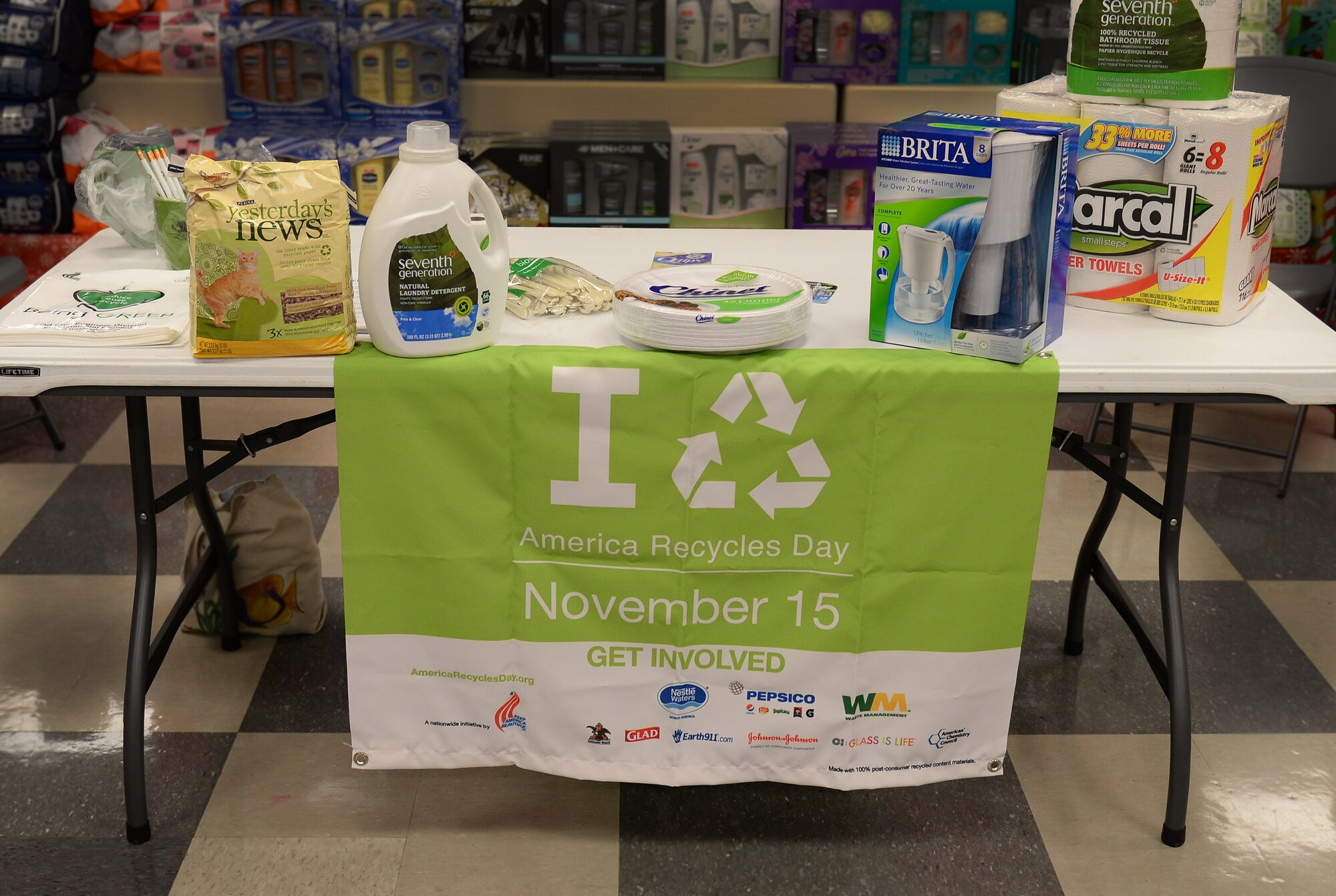 Members of the 733rd Civil Engineer Division Environmental Element displayed environmentally-friendly products at various locations on Fort Eustis, Va., to promote America Recycles Day Nov. 14, 2014. America Recycles Day is a national program which began in 1997 by Keep America Beautiful, is celebrated annually, Nov. 15 and encourages Americans to recycle and buy recycled products. (U.S. Air Force photo by Staff Sgt. Teresa J. Cleveland/Released)
