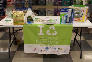 Members of the 733rd Civil Engineer Division Environmental Element displayed environmentally-friendly products at various locations on Fort Eustis, Va., to promote America Recycles Day Nov. 14, 2014. America Recycles Day is a national program which began in 1997 by Keep America Beautiful, is celebrated annually, Nov. 15 and encourages Americans to recycle and buy recycled products. (U.S. Air Force photo by Staff Sgt. Teresa J. Cleveland/Released)