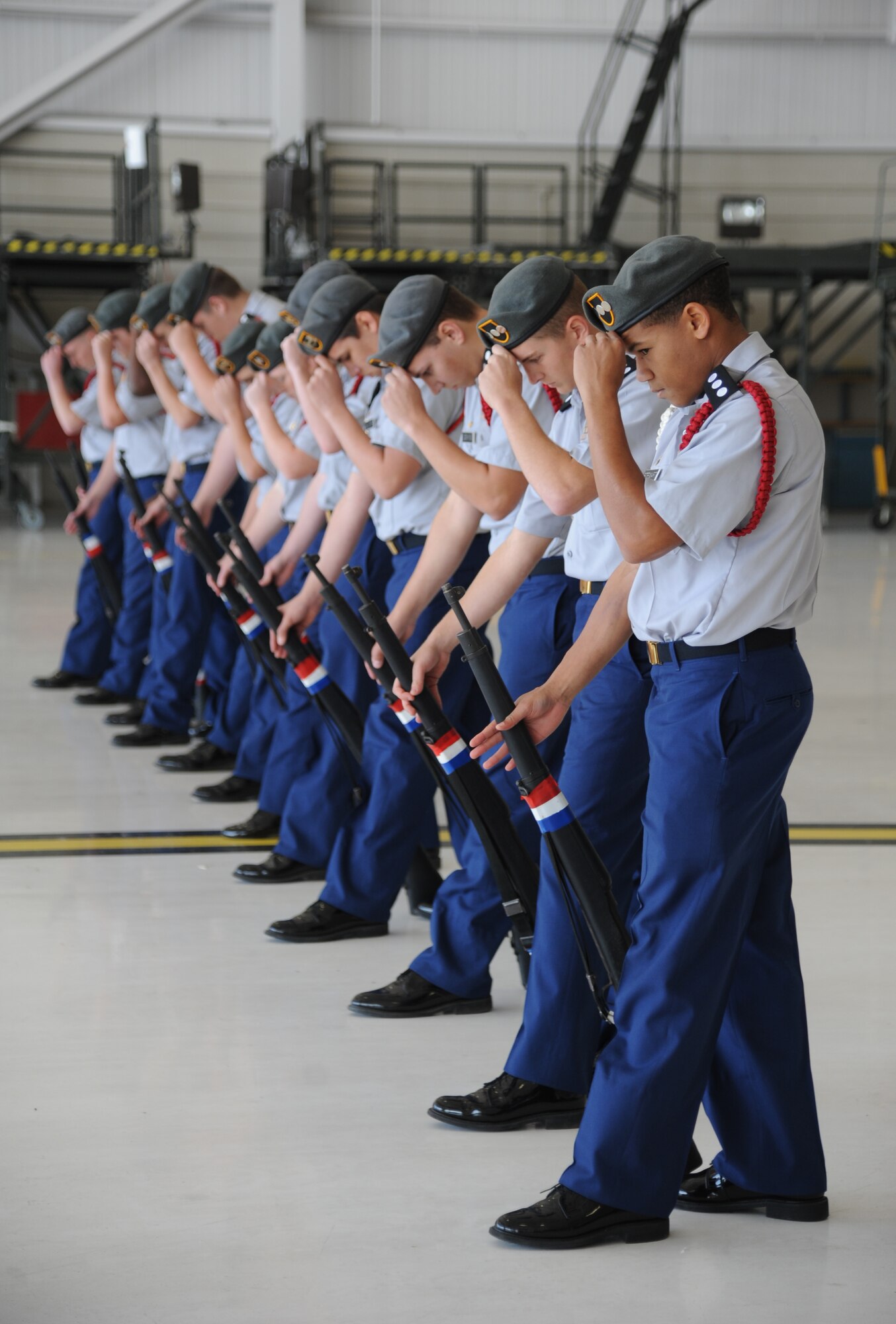 Members of the Army Junior ROTC from McLaurin High School, Florence, Miss., perform in the armed exhibition during the Inaugural Mississippi Joint Service-Junior ROTC All Drill Competition Nov. 15, 2014, inside the 403rd Wing dual hangar at Keesler Air Force Base, Miss. Eighteen Junior ROTC teams from multiple military branches were represented at the event. (U.S. Air Force photo by Kemberly Groue)