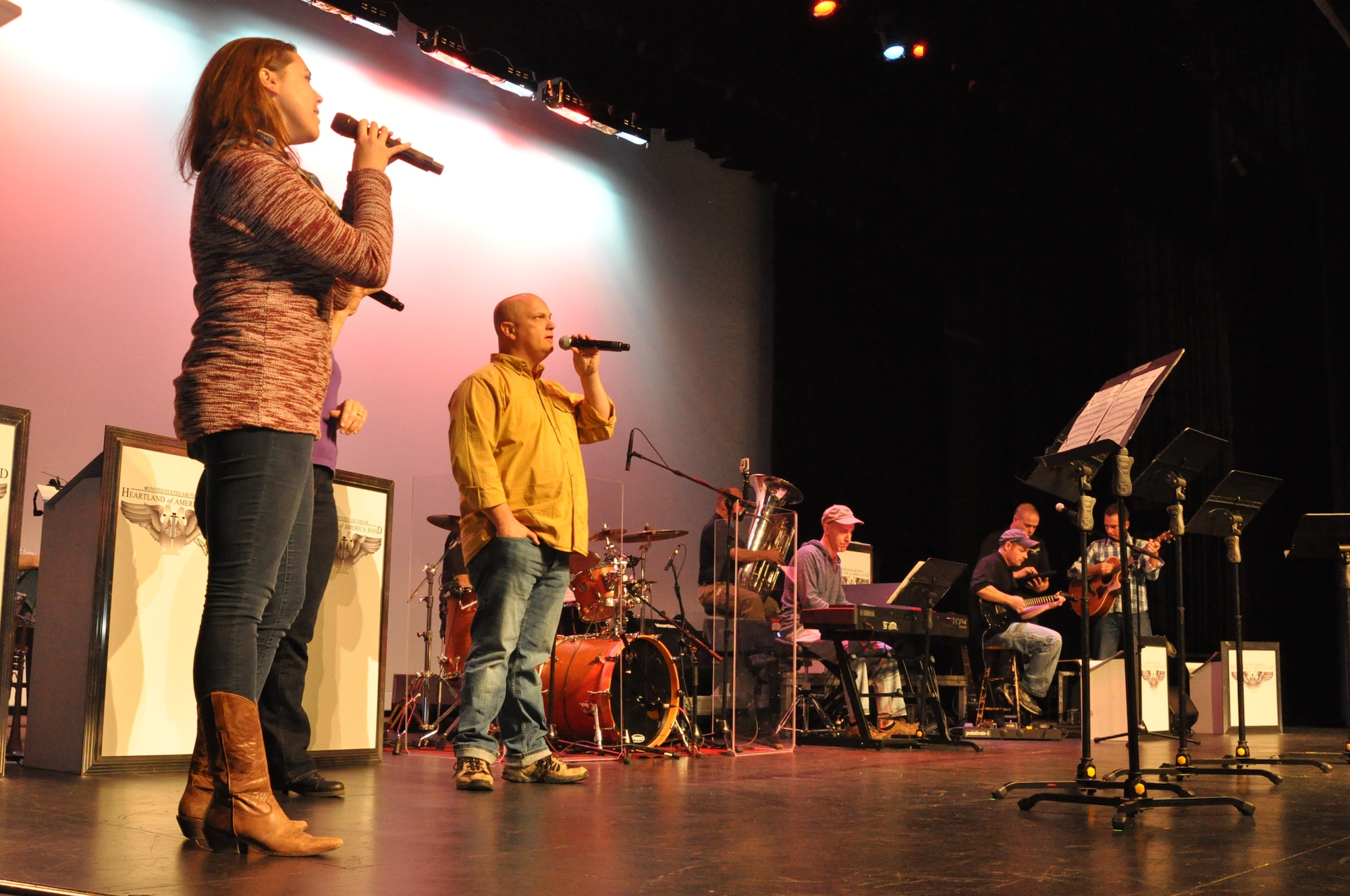 The Heartland of America Band performs a sound check before a show at Wayne State College in Wayne, Nebraska, Nov. 6. The band usually arrives to a venue four to five hours before the start of the concert to set up, sound check and get ready for the show. (U.S. Air Force photo by 2nd Lt. Carly A. Costello/Released)