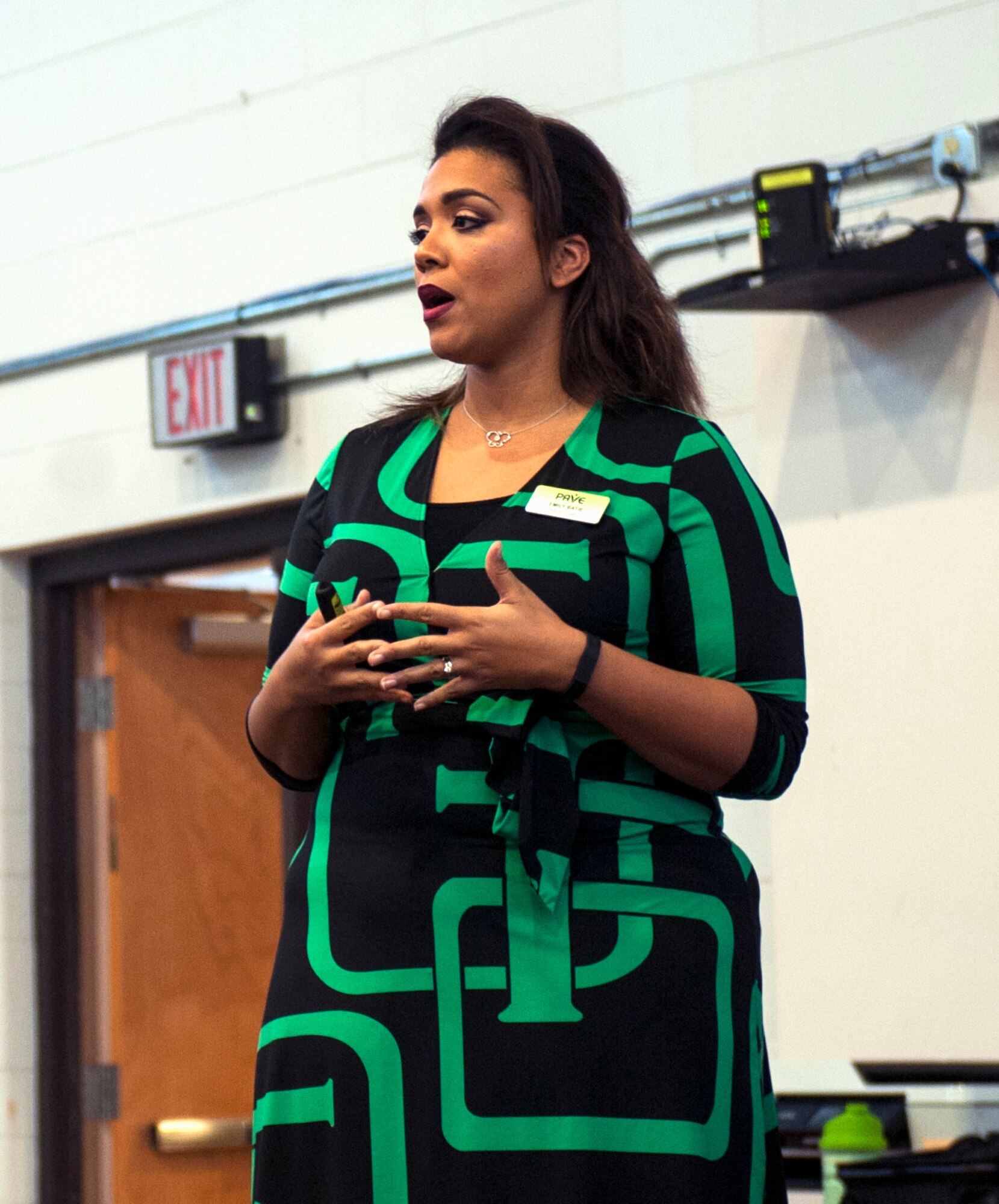 Emily Batie, Partnerships for Action, Voices for Empowerment (PAVE) parent education coordinator, briefs during the Specialized Training of Military Parents (STOMP) workshop Nov. 13, 2014, at Moody Air Force Base, Ga. PAVE coordinators travel to different bases to provide resources about the STOMP program to military families. (U.S. Air Force photo by Senior Airman Olivia Bumpers/Released)