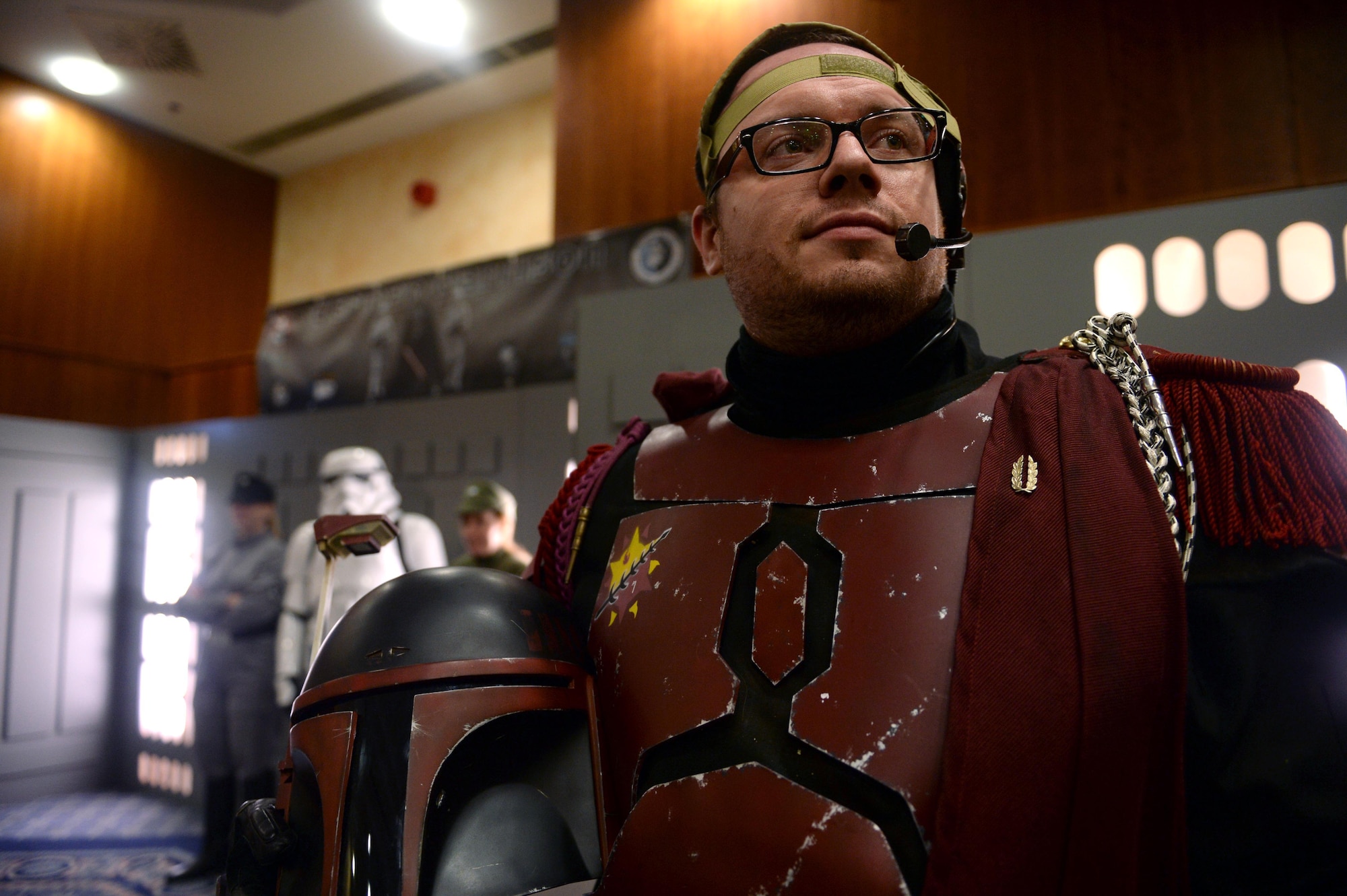 Sonny Bertels, member of Mandalorian Mercs Twin Suns clan based in Belgium, poses during Operation Sci-Fi Con 2015 in the Landscheid Room at Club Eifel on Spangdahlem Air Base, Germany, Nov. 15, 2014. The Mandalorian Mercs, a world-wide fan organization, displayed their movie-grade costumes and armor at conventions. (U.S. Air Force photo by Airman 1st Class Timothy Kim/Released)