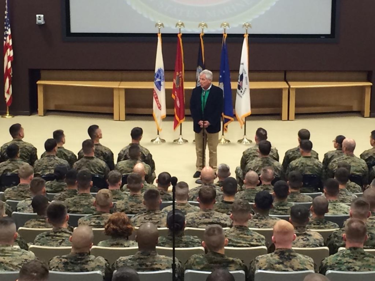 Defense Secretary Chuck Hagel talks to U.S. Marines assigned to the 2nd Marine Expeditionary Force (Forward) on Camp LeJeune, N.C., Nov. 18. 2014. DoD Photo by U.S. Marine Corps Sgt. Cassandra Flowers 