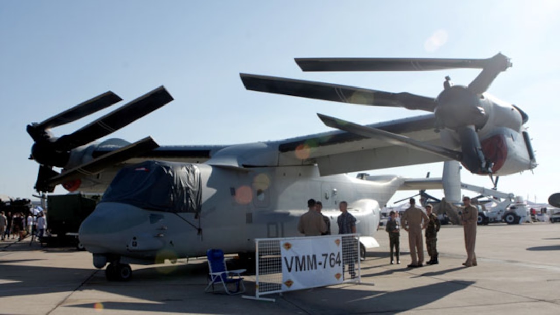 An MV-22B Osprey with Marine Medium Tiltrotor Squadron 764 is displayed at the 4th Marine Aircraft Wing during the 2012 Marine Corps Air Station Miramar Air Show, Oct, 13. The 4th Marine Aircraft Wing is searching for pilots to join them in flight.†