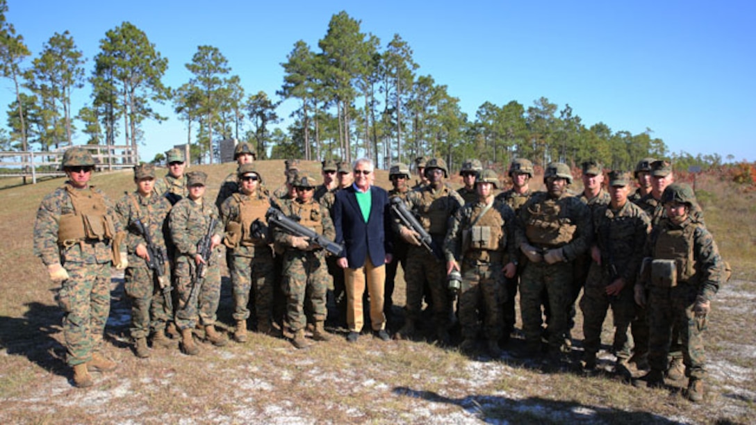 Marines with Anti-Armor Section, Weapons Company, Ground Combat Element Integrated Task Force pose for a photo with Secretary of Defense Chuck Hagel during his visit to Marine Corps Base Camp Lejeune, North Carolina, Nov. 18, 2014. Hagel observed as the Marines conducted a Mk-153 shoulder-launched multipurpose assault weapon live-fire. (U.S. Marine Corps photo by Sgt. Alicia R. Leaders/Released)