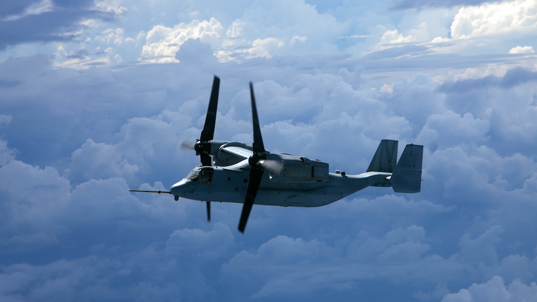 An MV-22 “Osprey” from Marine Medium Tiltrotor Squadron 262 soars over the Pacific Ocean during a flight from the Philippines to Australia Nov. 8. Marines and aircraft from VMM-262, VMM-265 and Marine Aerial Refueler Transport Squadron 152 flew approximately 4,700 miles from Okinawa, Japan to Brisbane, Australia to provide aerial support for President Barack Obama and Marine Helicopter Squadron One during the G20 Summit. When paired with the KC-130J, the Osprey is able to provide assault support to any location in the 105 million square miles that comprise the Marine Forces Pacific area of responsibility. 