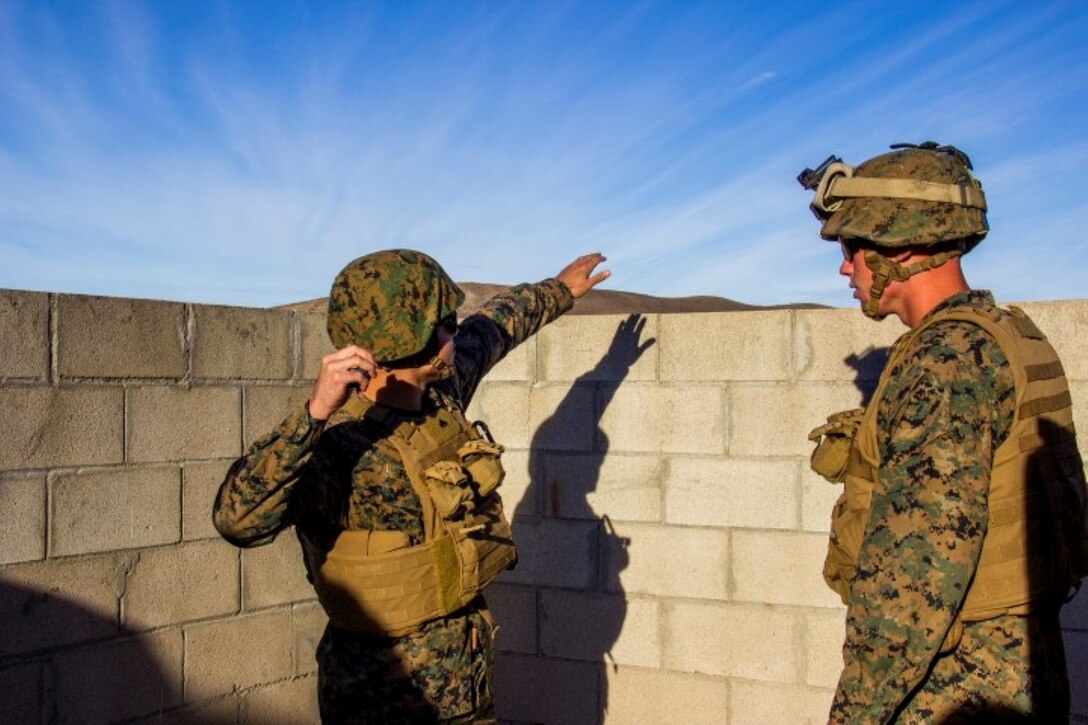 Corporal Ronald Peebles, left, a motor transport operator with Headquarters Battery, 5th Battalion, 11th Marine Regiment, from Waikiki, Hawaii, prepares to throw an M-69 practice grenade during a hand grenade training exercise aboard Marine Corps Base Camp Pendleton, Calif., Nov. 18, 2014. The event helped Marines of 5/11 refresh their basic combat skills and maintain their combat mindsets.