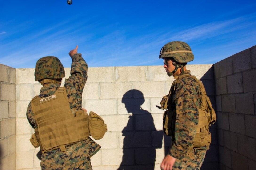 Lance Cpl. George Moreno, left, an electro-optical ordnance repairman with Headquarters Battery, 5th Battalion, 11th Marine Regiment, from San Antonio, throws an M-69 practice grenade during a hand grenade training exercise aboard Marine Corps Base Camp Pendleton, Calif., Nov. 18, 2014. The event helped Marines of 5/11 refresh their basic combat skills and maintain their combat mindsets.
