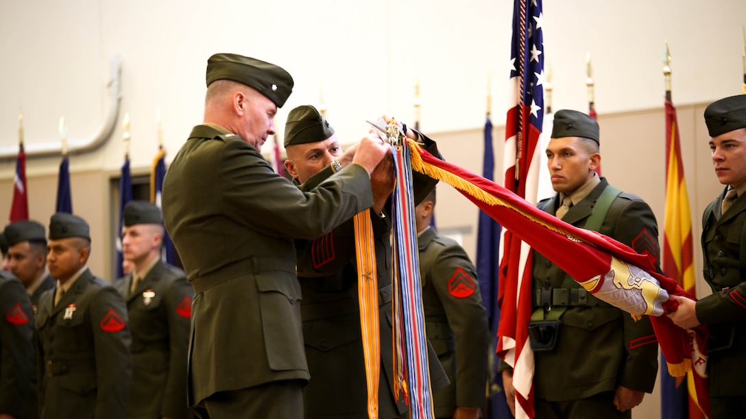 Retired Col. James “Rip” Harper (second from left) and Brig. Gen. Patrick Hermesmann, commanding general of 4th Marine Logistics Group (third from left), observe the 6th Engineer Support Battalion’s battle color rededication ceremony in,Portland, Ore., Nov. 15, 2014.The battalion celebrated the 70th anniversary of its formation with a rededication ceremony and paid homage to Harper, the battalion’s first adjutant. Harper served as the unit’s first adjutant as a first lieutenant in 1944, when the unit was formed in Guadalcanal during World War II. 