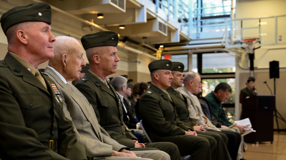 Retired Col. James “Rip” Harper (second from left) and Brig. Gen. Patrick Hermesmann, commanding general of 4th Marine Logistics Group (third from left), observe the 6th Engineer Support Battalion’s battle color rededication ceremony in Portland, Ore., Nov. 15, 2014.The battalion celebrated the 70th anniversary of its formation with a rededication ceremony and paid homage to Harper, the battalion’s first adjutant. Harper served as the unit’s first adjutant as a first lieutenant in 1944, when the unit was formed in Guadalcanal during World War II. 