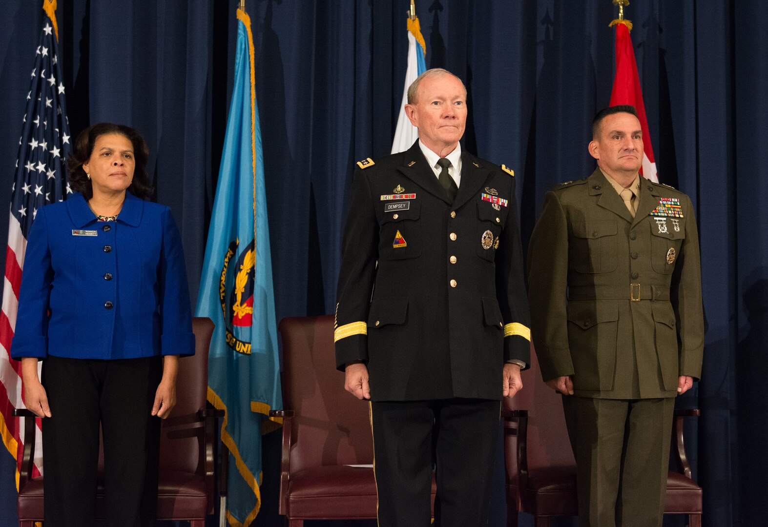 On November 18, 2014, Major General Frederick M. Padilla, USMC, became the President of the National Defense University in a ceremony in Abraham Lincoln Hall at Fort McNair in Washington, DC. Maj Gen Padilla relieved Senior Vice President AMB Wanda Nesbitt from her position as Interim President of NDU. Chairman of the Joint Chiefs of Staff General Martin E. Dempsey, USA, presided over the ceremony and gave remarks.