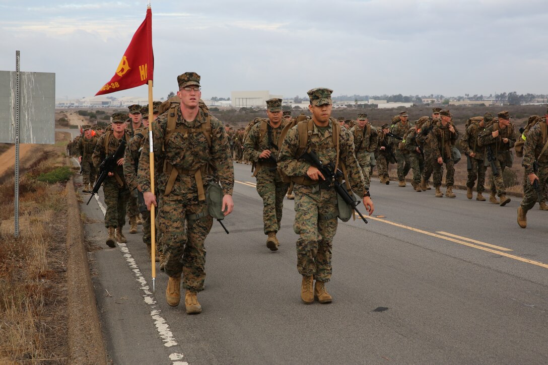 Marines with Marine Wing Communications Squadron (MWCS) 38 conducts a six-mile hike through the east side of Marine Corps Air Station Miramar, Calif., Nov. 14, as part of an annual birthday tradition. Marines used it as a time to also conduct classes ranging from chemical biological radiological neurological defense to domestic and child abuse awareness training.