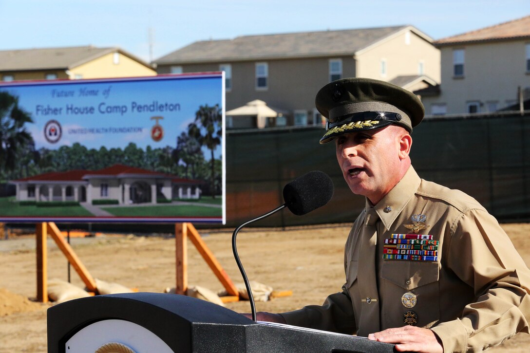 Brig. Gen. Joaquin Francis Malavet gives opening remarks during a groundbreaking ceremony held, Nov. 18., by Camp Pendleton, together with the Fisher House Foundation and United Health Foundation to celebrate the construction of a new Fisher House here.
Malavet is the deputy commanding general of the 1st Marine Expeditionary Force.