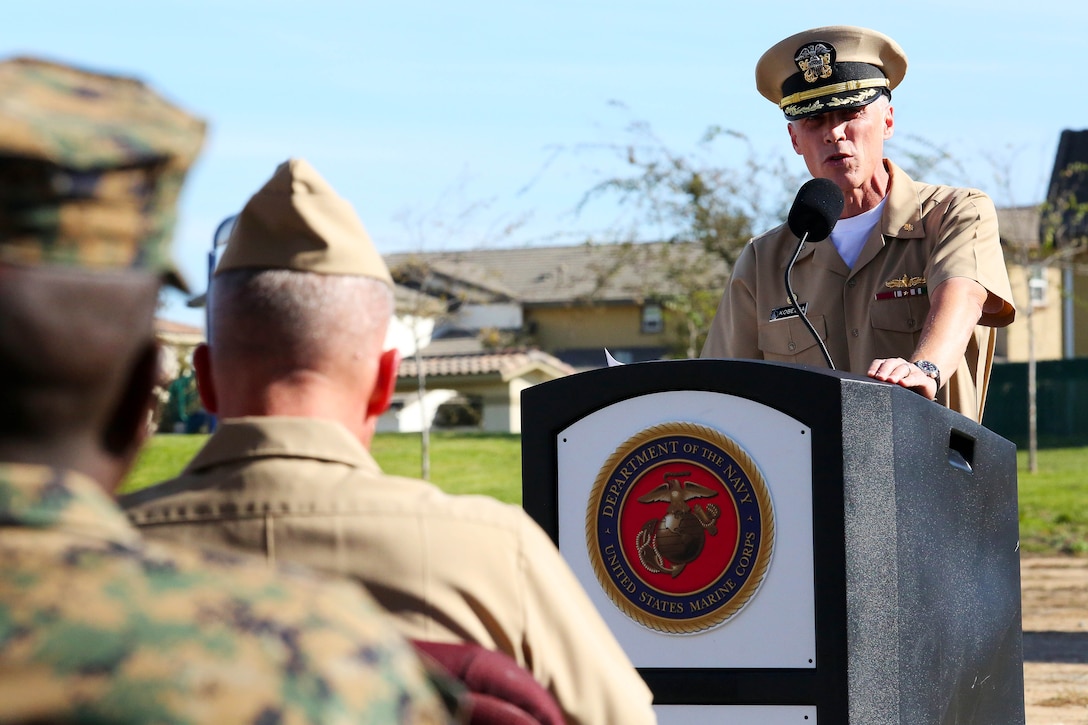 Capt. Mark Kobelja gives remarks during a groundbreaking ceremony held, Nov. 18., by Camp Pendleton, together with the Fisher House Foundation and United Health Foundation to celebrate the construction of a new Fisher House here.
Kobelja is the commanding officer of the Naval Hospital Camp Pendleton.