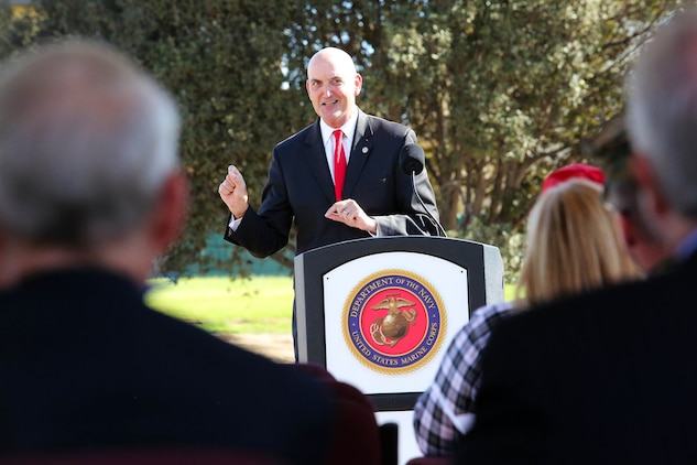 Derek Donovan gives remarks during a groundbreaking ceremony held, Nov. 18., by Camp Pendleton, together with the Fisher House Foundation and United Health Foundation to celebrate the construction of a new Fisher House here.
 Donovan is the vice president of programs and community relations for the Fisher House Foundation.