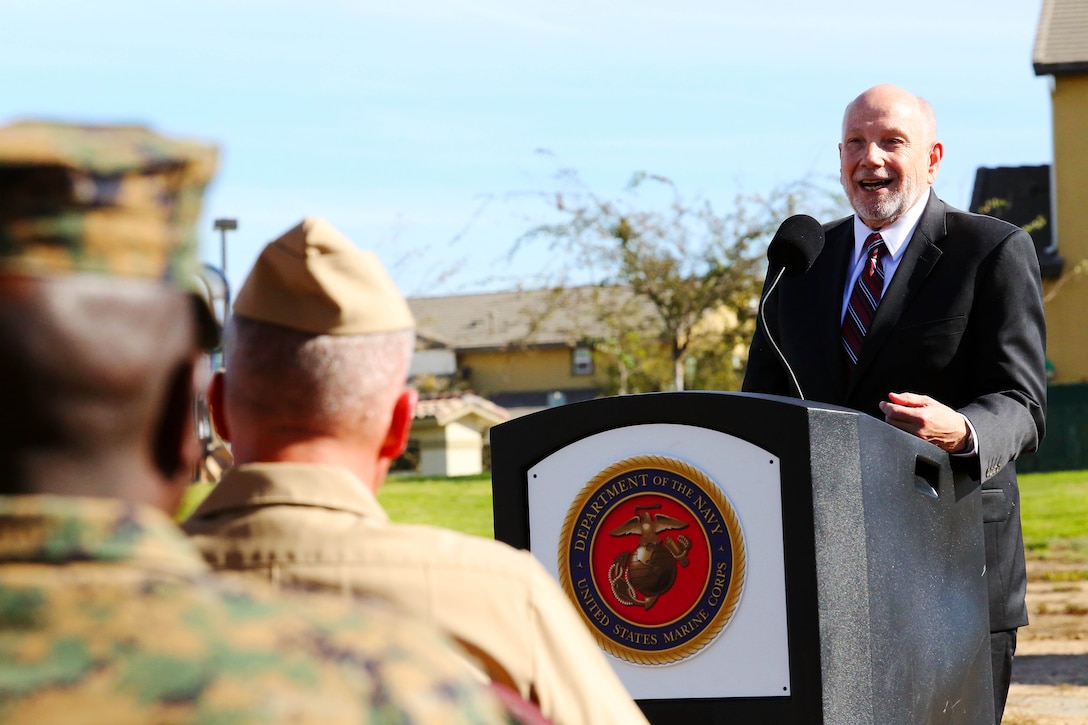 David Coker gives remarks during a groundbreaking ceremony held, Nov. 18., by Camp Pendleton, together with the Fisher House Foundation and United Health Foundation to celebrate the construction of a new Fisher House here.
Coker is the president of the Fisher House Foundation.