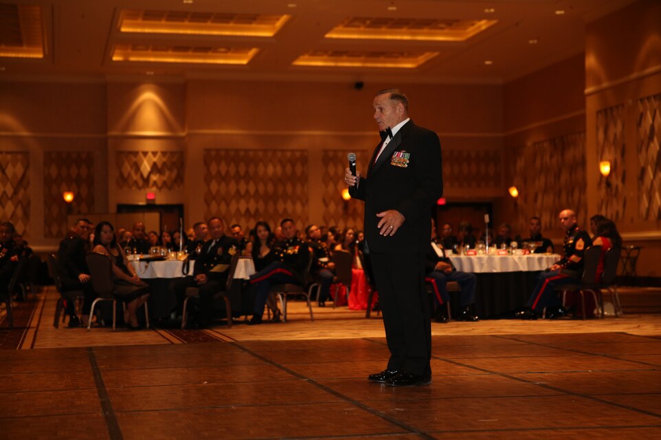 Retired Marine Corps Lt. Gen. Buck Bedard, guest of honor, gives a speech during the Headquarters Battalion’s 239th Marine Corps Birthday Ball ceremony held at the Rio Hotel and Resort in Las Vegas, Sunday. During the ball, Marines also witnessed ceremonious events, such as, the cutting of the cake and the passing of the first piece of cake form the oldest marine present to the youngest, representing the passing of tradition from one generation of Marines to the next. (Official Marine Corps photo by Lance Cpl. Thomas Mudd/Released)