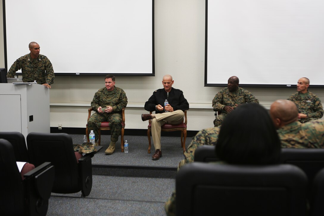 Sergeants major and command master chiefs from Marine Corps Air Station Miramar and Marine Corps Base Camp Pendleton speak to junior and mid-grade officers during a monthly National Naval Officer Association meeting aboard MCAS Miramar, Calif., Nov. 18. The NNOA supports the development of a diverse officer corps through recruitment, retention, and career development.