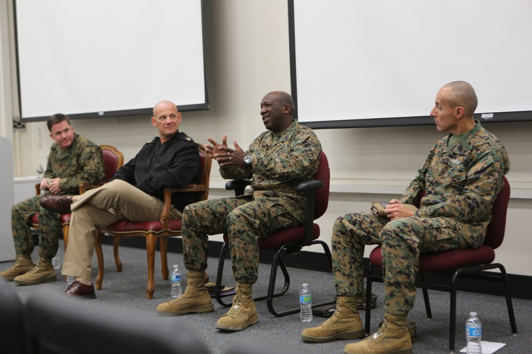 Sergeants major and command master chiefs from throughout Marine Corps Air Station Miramar and Marine Corps Base Camp Pendleton participate in a panel to answer questions from National Naval Officer Association members on leadership styles and various experiences. The NNOA regularly gives professional military education classes to help junior and mid-grade officers excel in their regular duties.