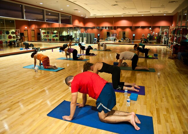 Participants in a yoga class perform a cat-cow pose to stretch their backs at the Warrior Fitness Center on Nellis Air Force Base, Nev., Nov. 18, 2014. The cat-cow pose helps increase spinal flexibility by focusing on the muscles in the spine and back. This pose helps stretch the lower, middle and upper back. For more information on yoga or other classes held at the Warrior Fitness Center, call 702-652-4891. (U.S. Air Force photo by Airman 1st Class Mikaley Towle)