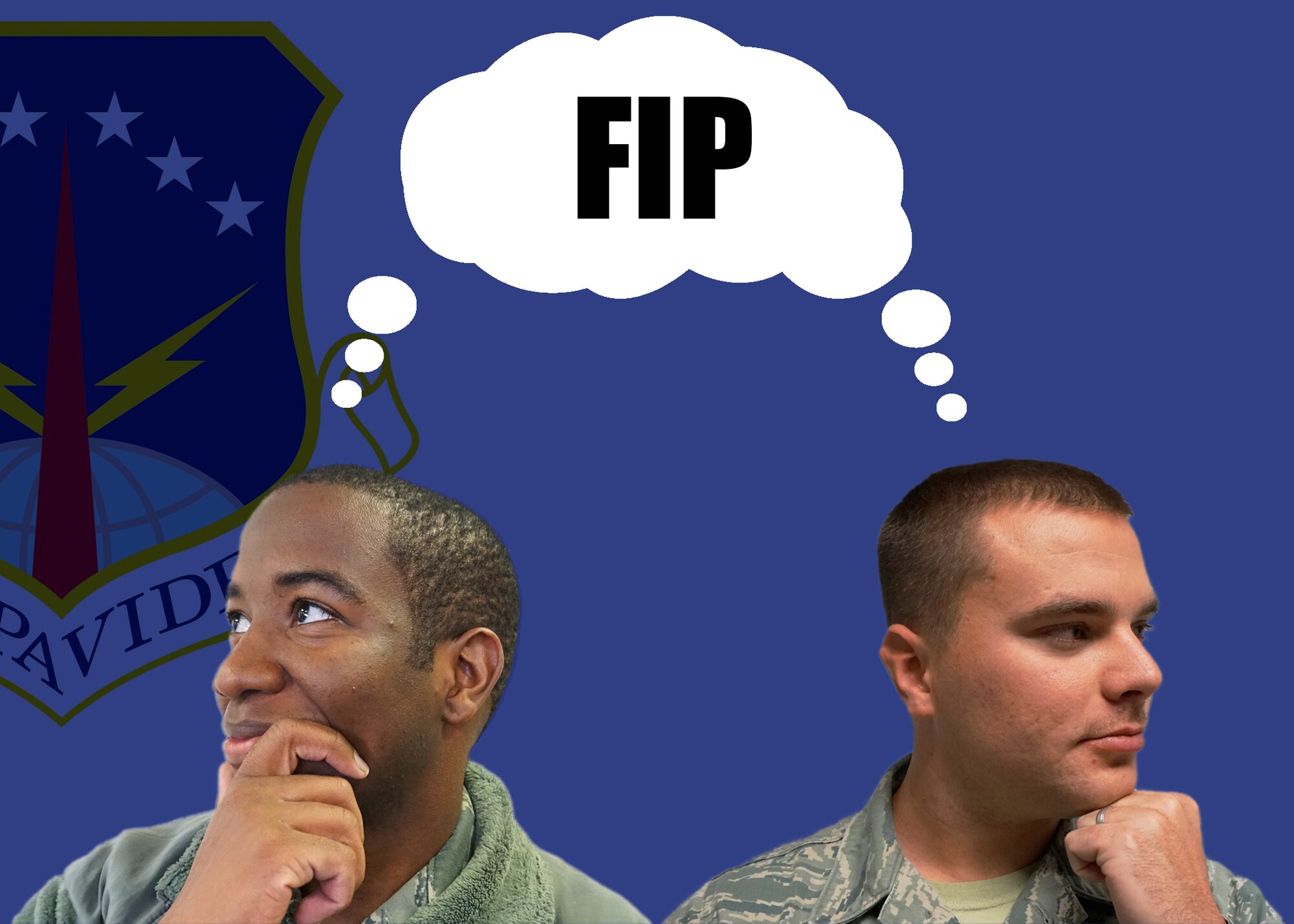 Airman 1st Class Emanuel Williams, 90th Missile Security Forces Squadron, and Senior Airman Stephen Carlson, 90th Missile Maintenance Squadron, ponder about their thoughts on the Force Improvement Program. FIP is an aggressive grass-roots feedback program designed to quickly provide senior Air Force leaders with actionable recommendations for improvement by conducting one-on-one interviews and surveys with Airmen. The feedback received so far has brought changes to a variety of career fields vital to the nuclear deterence mission and has been positively received by those affected. (U.S. Air Force graphic/Lan Kim)