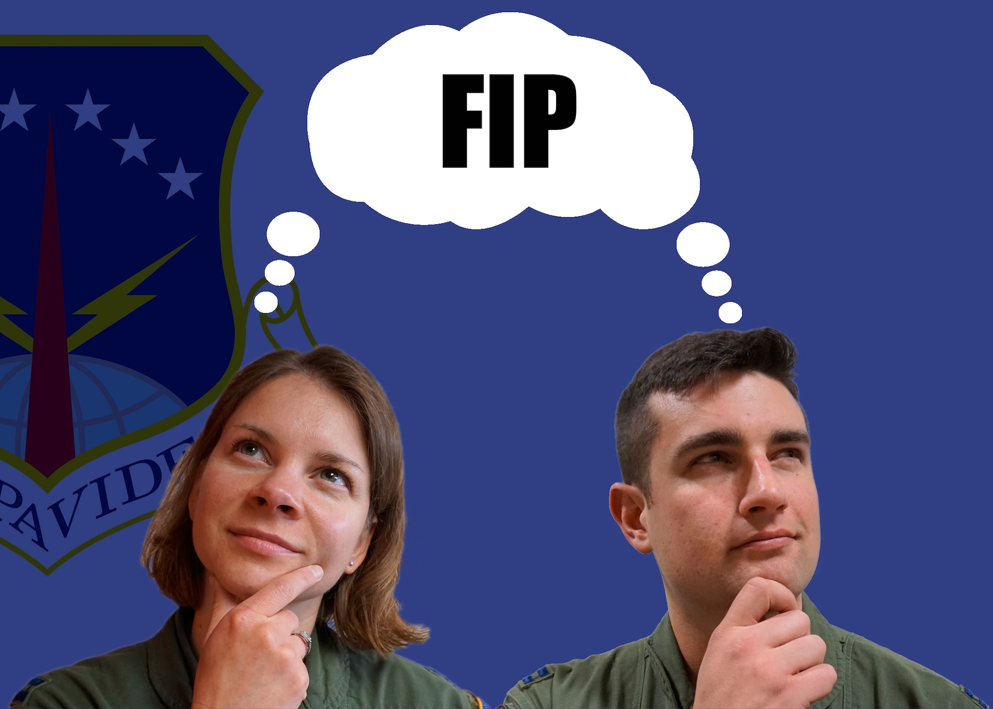 Capt. Amanda Filiowich, 320th Missile Squadron, and Capt. David Skelly, 37th Helicopter Squadron, ponder about their thoughts on the Force Improvement Program. FIP is an aggressive grass-roots feedback program designed to quickly provide senior Air Force leaders with actionable recommendations for improvement by conducting one-on-one interviews and surveys with Airmen. The feedback received so far has brought changes to a variety of career fields vital to the nuclear deterence mission and has been positively received by those affected. (U.S. Air Force graphic/Lan Kim)