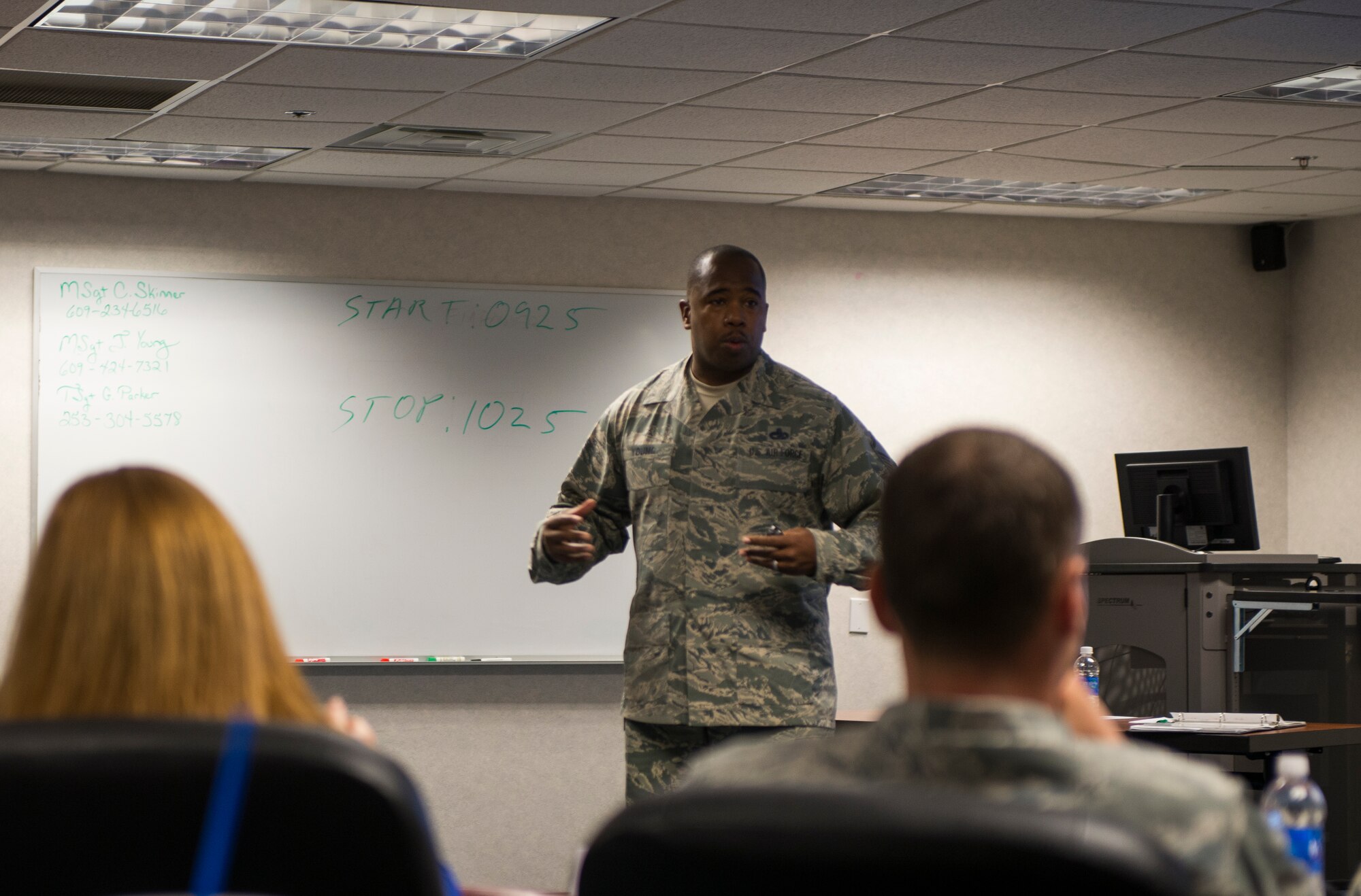 Master Sgt. James Young, 423rd Mobility Training Squadron NCO in-charge of online training, conducts a class at Scott Air Force Base, Il., Nov. 4, 2014. Young is one of three instructors temporarily at Scott teaching the Management of Aerial Port Operations Course to Airmen assigned to Air Mobility Command. (U.S. Air Force photo/Staff Sgt. Clayton Lenhardt/Released)