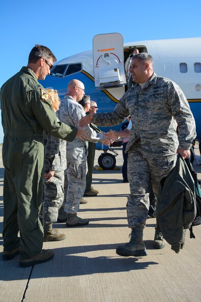 Lt. Col. Ken Humphrey, 465th Air Refueling Squadron Director of Operations along with the 507th Air Refueling Wing leadership greet Col. Michael Loforti, AFRC A3 Chief of Flight Standards and other members of the Air Force Reserve Command Inspector General team here Oct 31.  The 40 person AFRC IG team inspected the 507th Air Refueling Wing Oct. 31 - Nov. 4 for the new unit effectiveness inspection capstone event as part of the new Air Force Inspection System.  The 507th received an overall "effective" rating by the IG.  (U. S. Air Force Photo/Senior Airman Mark Hybers)  
